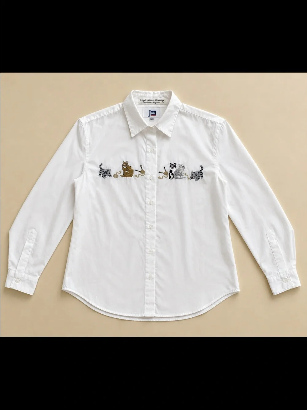 Juli Cat Embroidered Button Up Blouse Woman Medium White Long Sleeve Kitty FLAW - Picture 1 of 15
